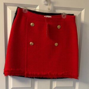 NEW J Crew red faux-wrap skirt with gold buttons and frayed hem, size Medium